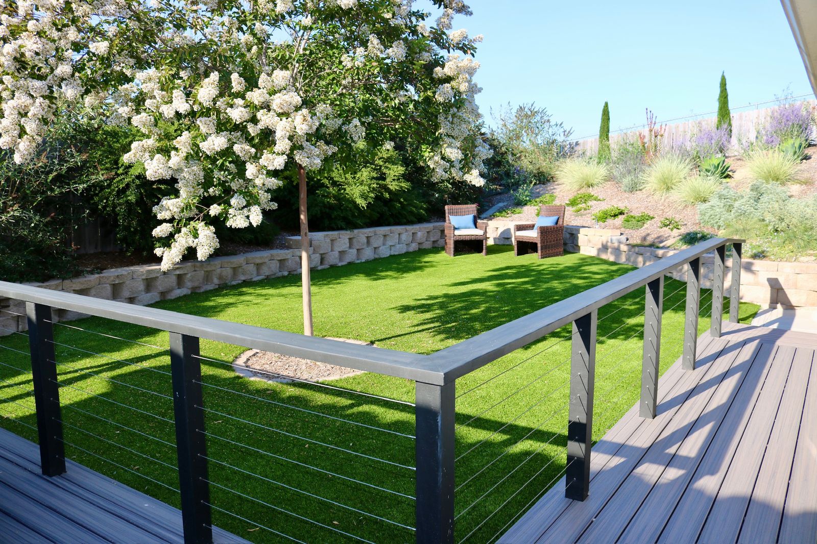 Shaded outdoor seating area in the backyard