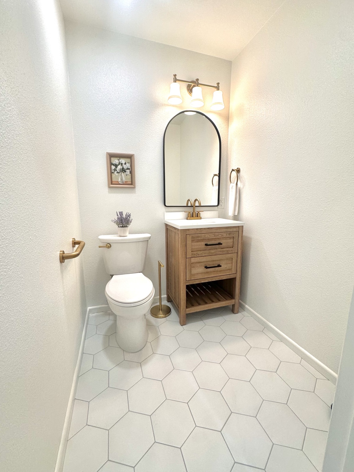 Private half bath with a wood vanity, gold fixtures, and hexagon tile floor