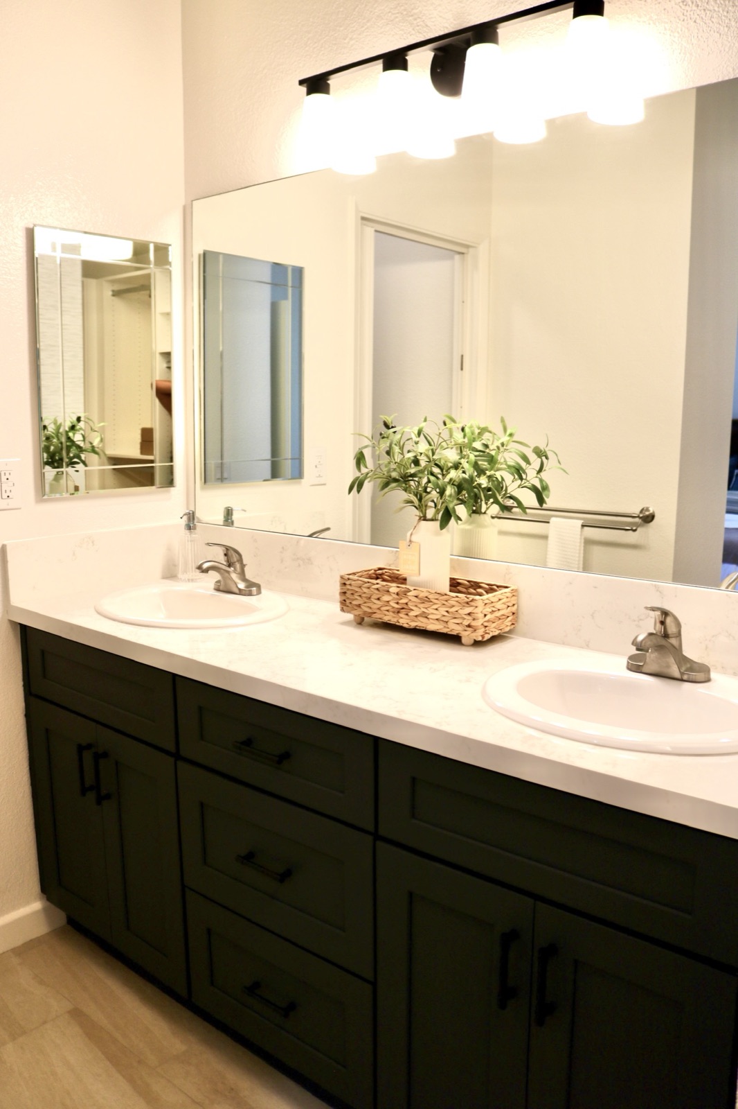Double-sink bathroom vanity with a lit mirror and a plant on the counter